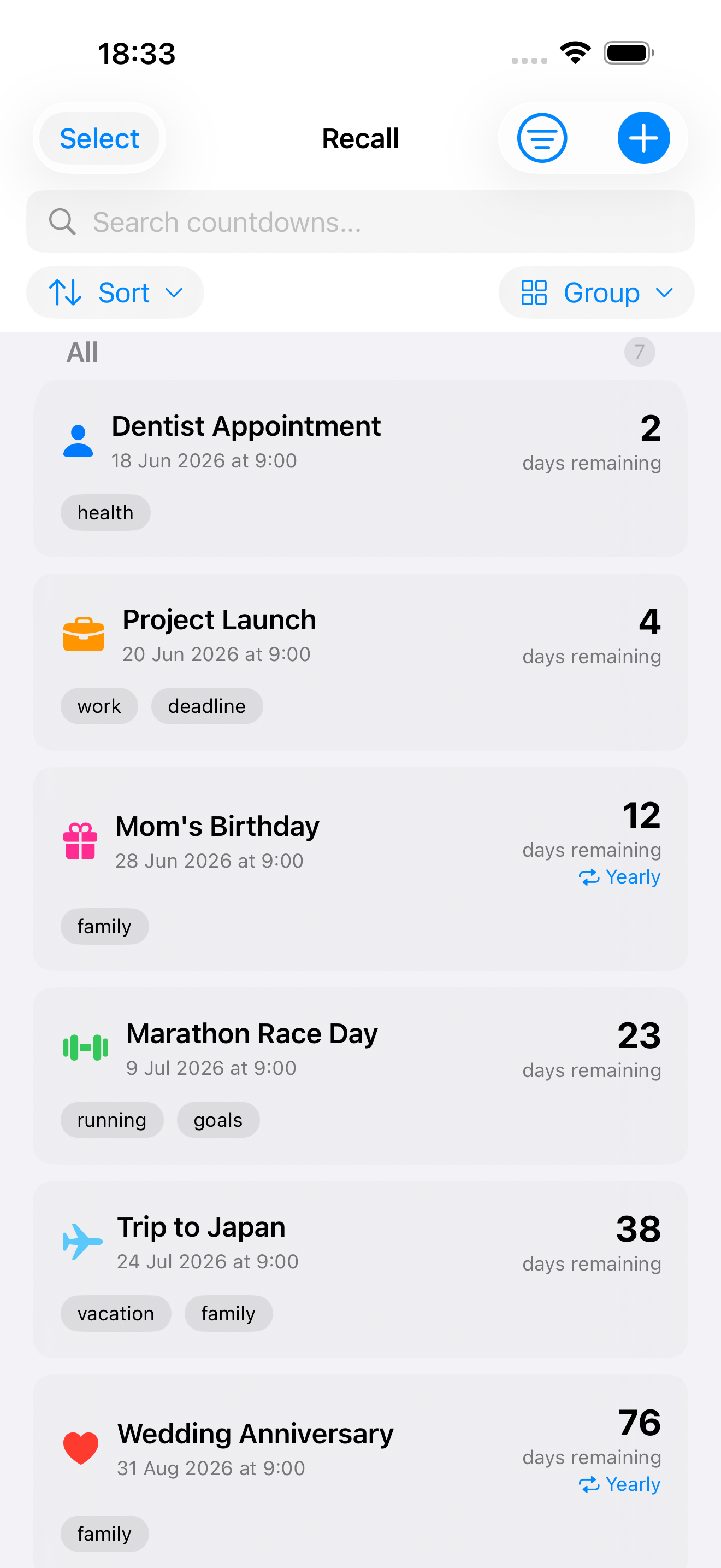 All your countdowns at a glance